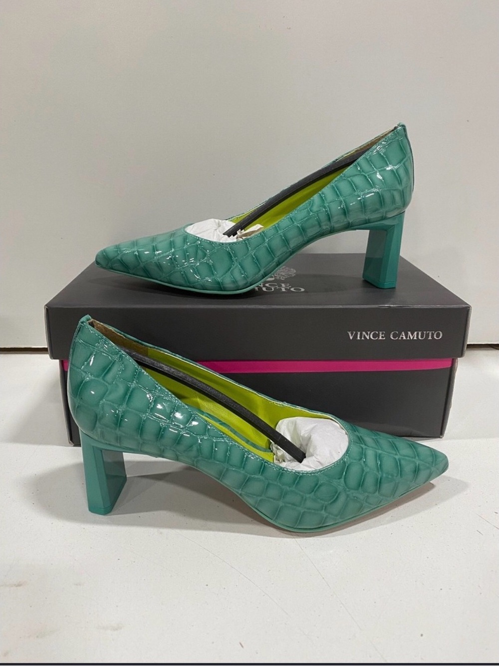 Vince Camuto Teal Croc-Embossed Pointed Block Heel Pumps